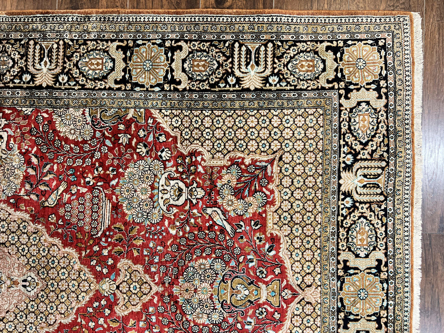 Wonderful Persian Silk Rug 5x7, Birds Floral Vases, Red, Hand Knotted Silk Fine Oriental Carpet, Handmade Vintage, Persian Qum Rug, 400 KPSI - Nuvé
