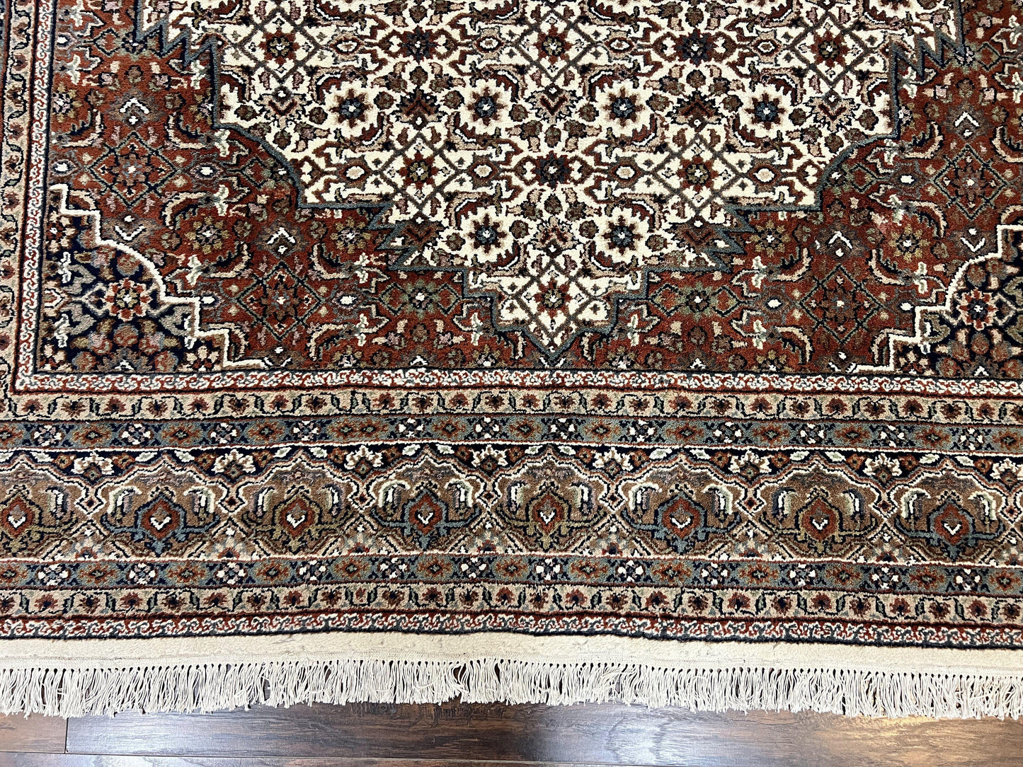 Indo Persian Rug 7x10 ft, Hand Knotted Wool Vintage Oriental Carpet 7 x 10, Traditional Handmade Herati Bidjar Cream Rug, Medallion Rug - Nuvé