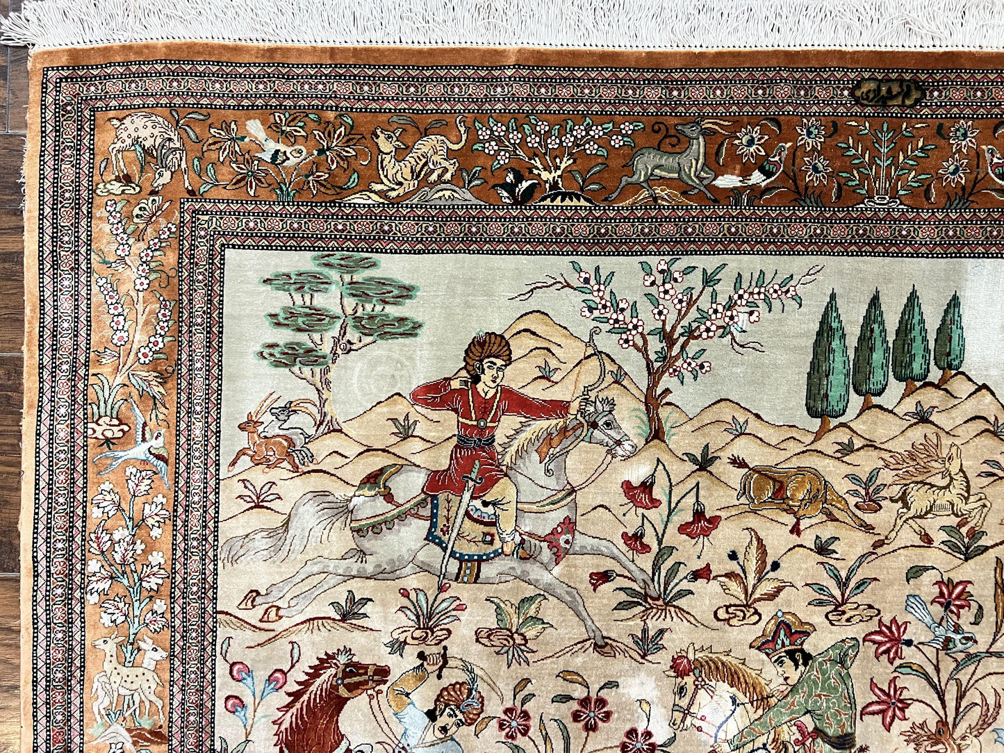 Silk Persian Qum Rug 3x5, Hunting Pattern, Handmade Vintage Carpet, Signed by Master Weaver, Horsemen Pictorials, Super Fine 650 KPSI - Nuvé