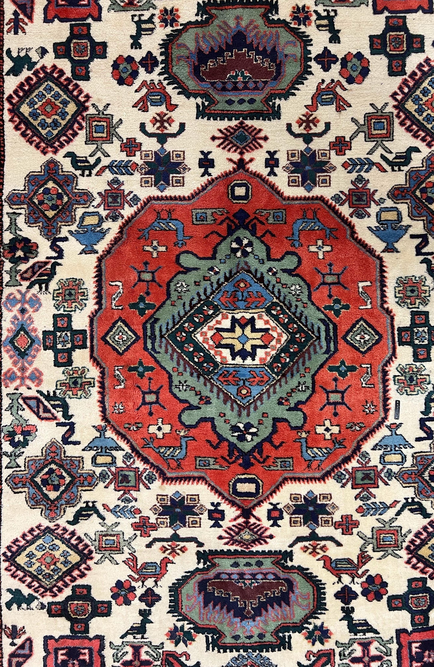 Persian Tribal Rug 8x11, Persian Ardabil Rug, Geometric Medallion Animal Pictorial Rug, Ivory Red Blue, Hand Knotted Vintage Wool Carpet - Nuvé