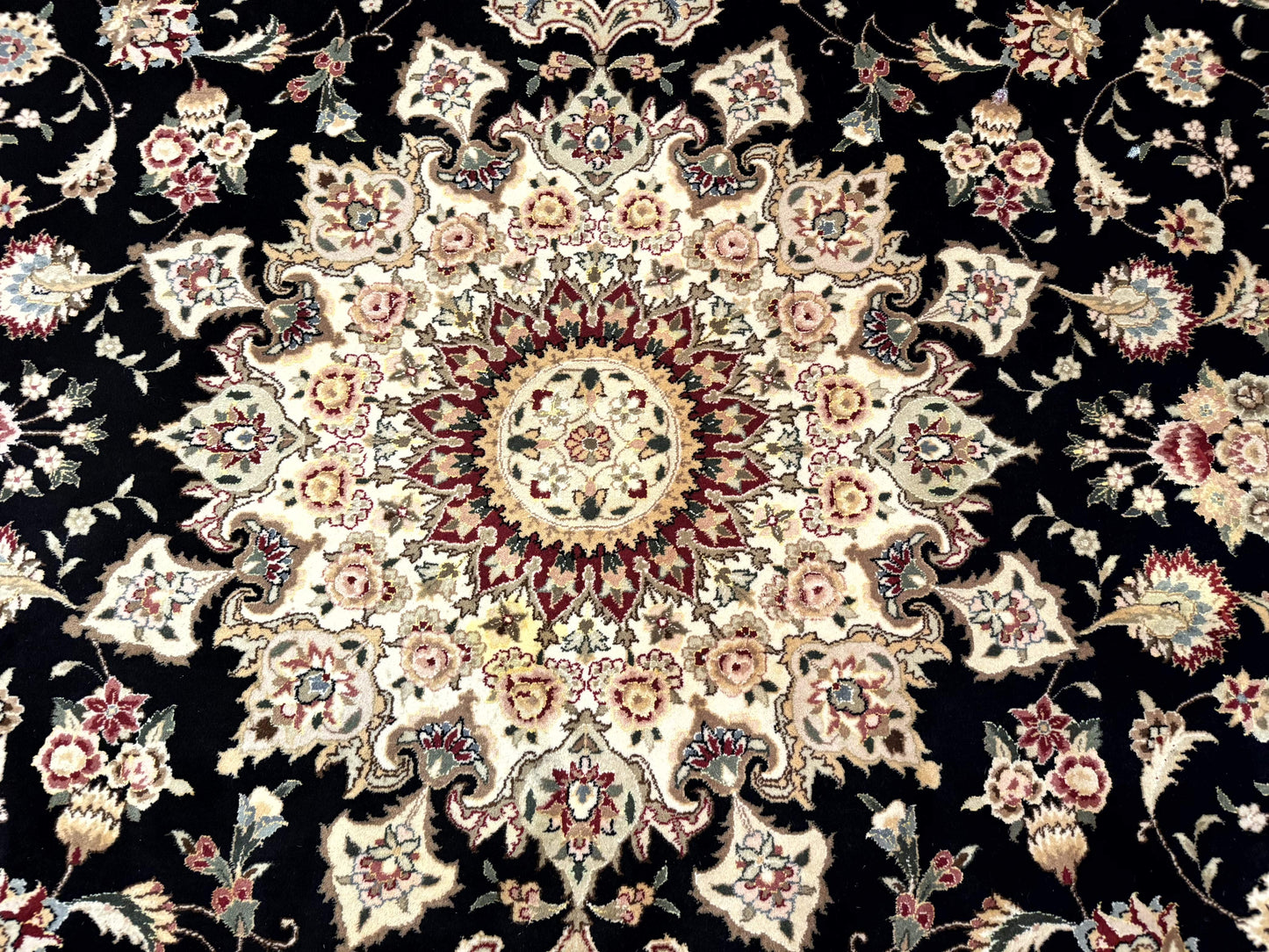 Sino Persian Rug 9x12, Black and Beige, Floral Medallion, Wool & Silk, Handmade - Nuvé
