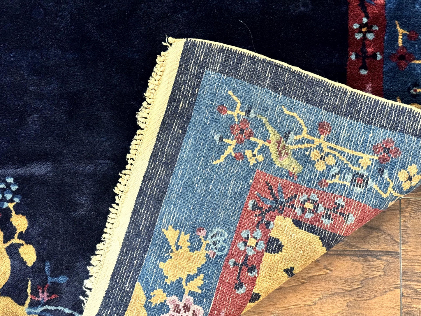 Antique Chinese Peking Rug 3x6, Dark Blue, Bird Motif, Handmade Wool Art Deco Asian Oriental Carpet, Pair B - Nuvé