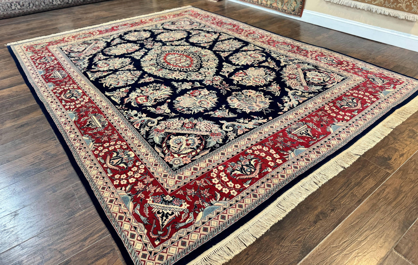 Sino Persian Rug 8x10, Floral Kirman Carpet, Navy Blue and Red, Floral Vases, Handmade Vintage Wool Carpet, 320 KPSI - Nuvé
