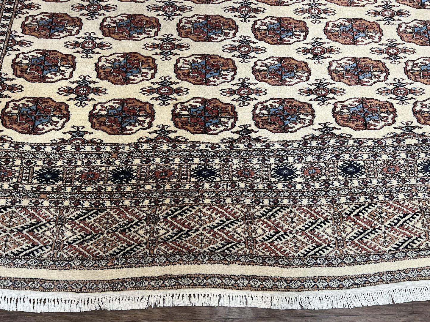 Pakistani Bokhara Rug 8x10, Traditional Turkoman Tribal Carpet, Allover Repeated Elephant Foot Motif, Ivory/Cream Black Red, Vintage Handmade - Nuvé