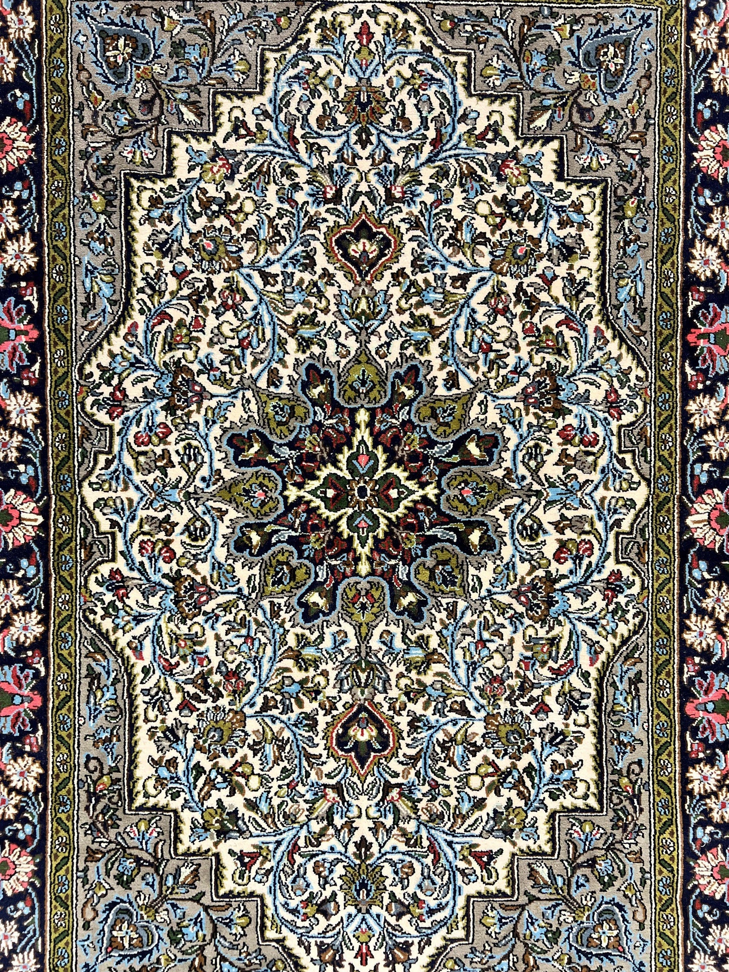 Persian Qum Rug 3x5, Wool with Silk Highlights, Handmade Semi Antique Carpet, Ivory & Navy Blue, Floral Medallion, Finely Hand Knotted - Nuvé