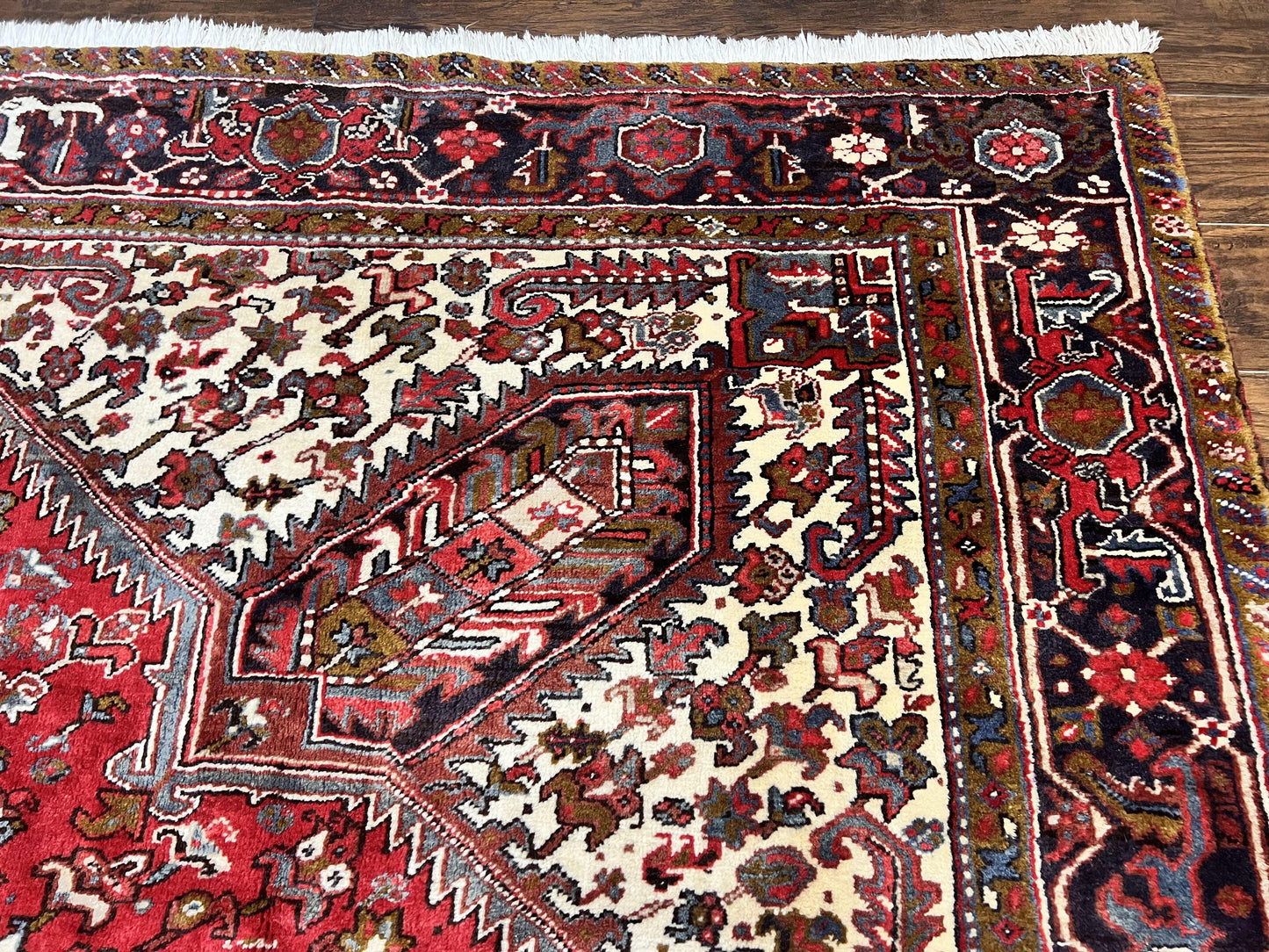 Large Persian Heriz Rug 10x13, Wool Hand Knotted Antique Carpet, Red and Ivory, Geometric Tribal Room Sized Rug, Decorative Oriental Rug - Nuvé