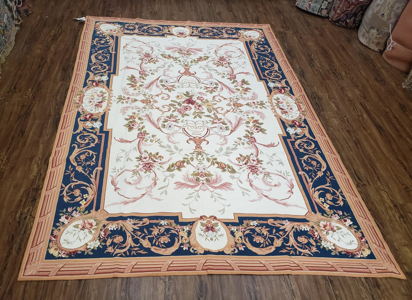 Chinese Aubusson Savonnerie Area Rug 6x8, Vintage Hand-Woven Needlepoint Rug, Flat Weave Handmade Wool Carpet Living Room Ivory & Navy Blue - Nuvé