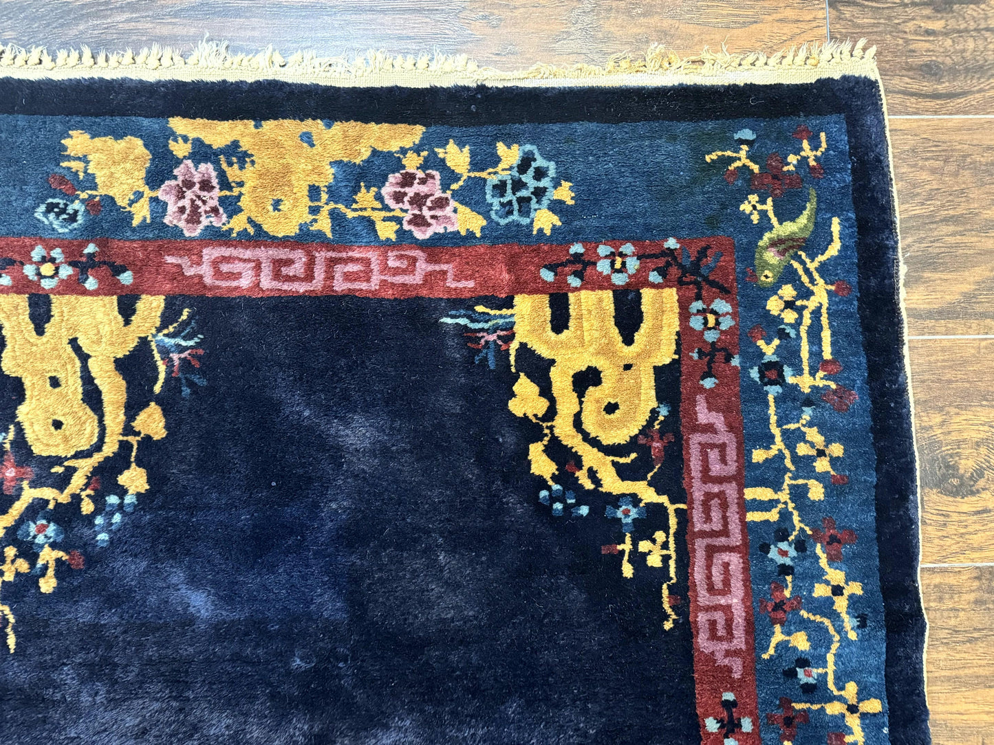 Antique Chinese Peking Rug 3x6, Dark Blue, Bird Motif, Handmade Wool Art Deco Asian Oriental Carpet, Pair B - Nuvé