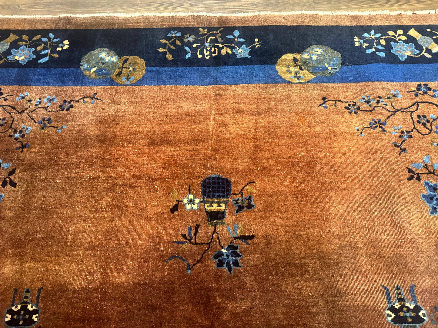 Antique Chinese Wool Rug 9x12, Light Brown and Navy Blue, Fete Peking Art Deco - Nuvé