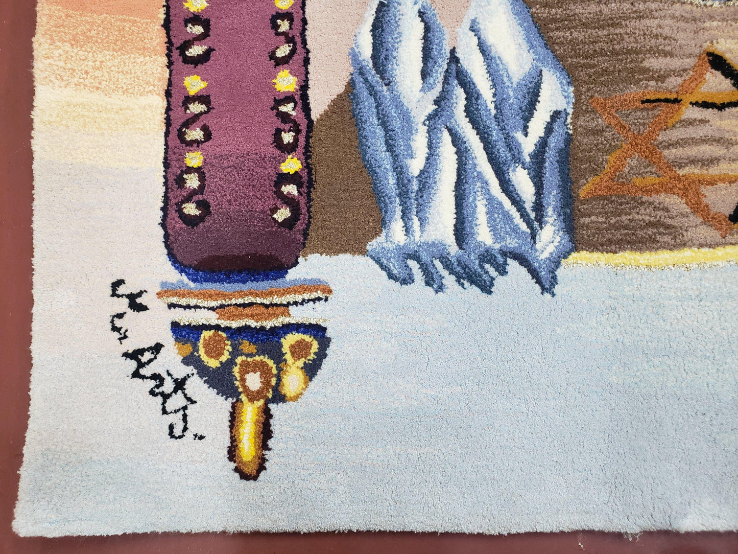 Vintage Judaica Pictorial Rug 3x5, Wool Hand-Tufted Israeli Signed Rug, Jerusalem Rug, Star of David Torah Scroll Verses, Chanuka Gift - Nuvé