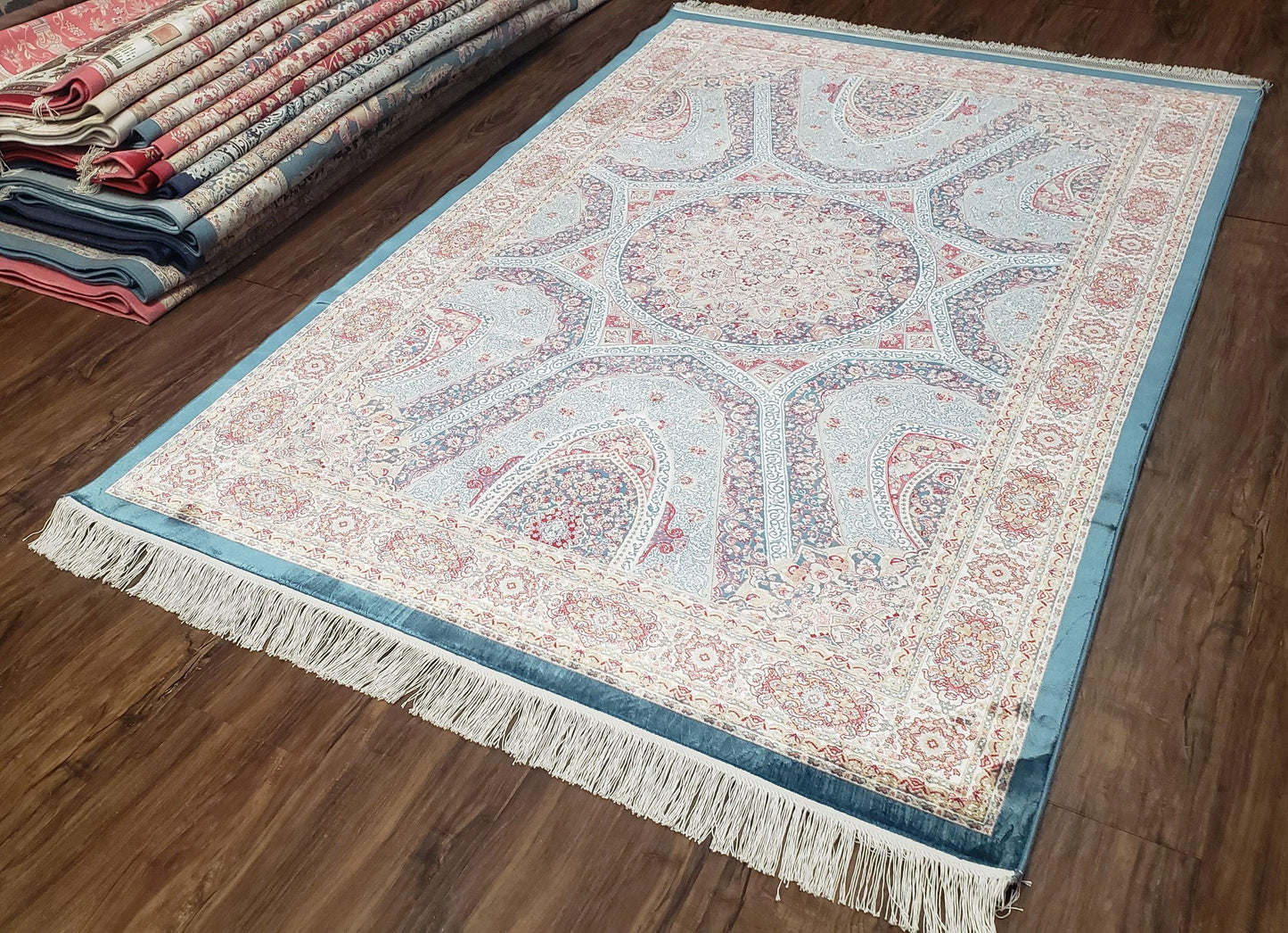 4x6 Silk Carpet, Light Blue & Beige Oriental Rug 4 x 6ft, Traditional Design Medallion All Over, Bamboo Silk, Super Fine, High Quality, Soft - Nuvé