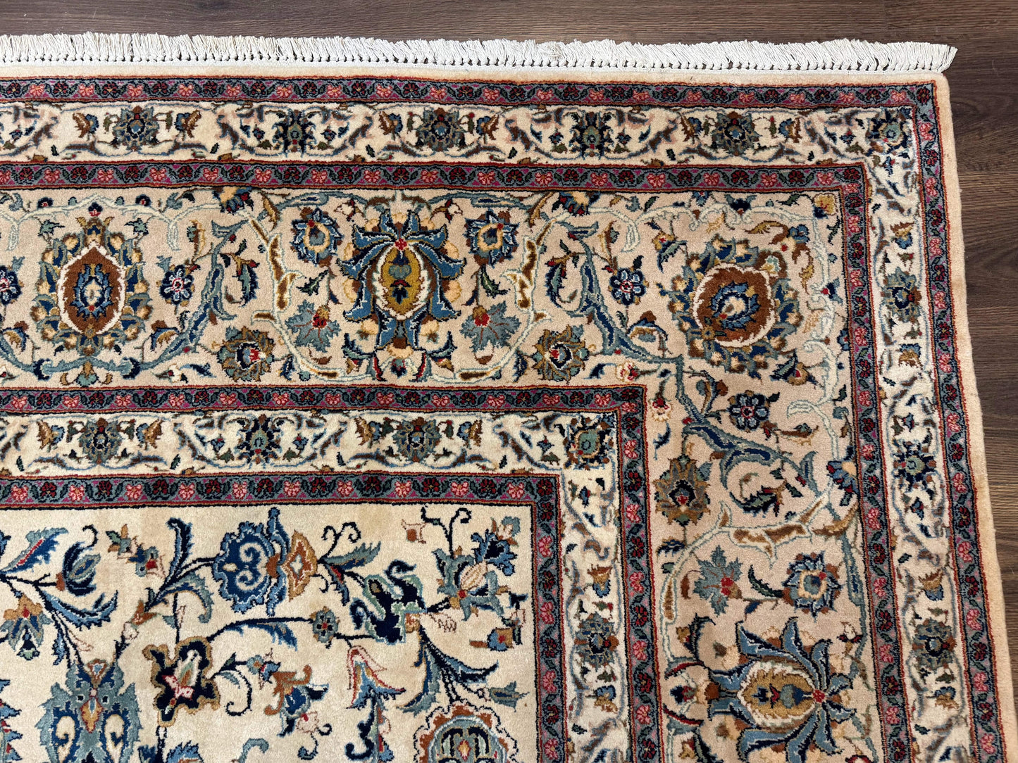 Persian Kashan Rug 10x14, Bone - Beige and Blue, Allover Pattern, Traditional Persian Carpet, Fine 260 KPSI - Nuvé