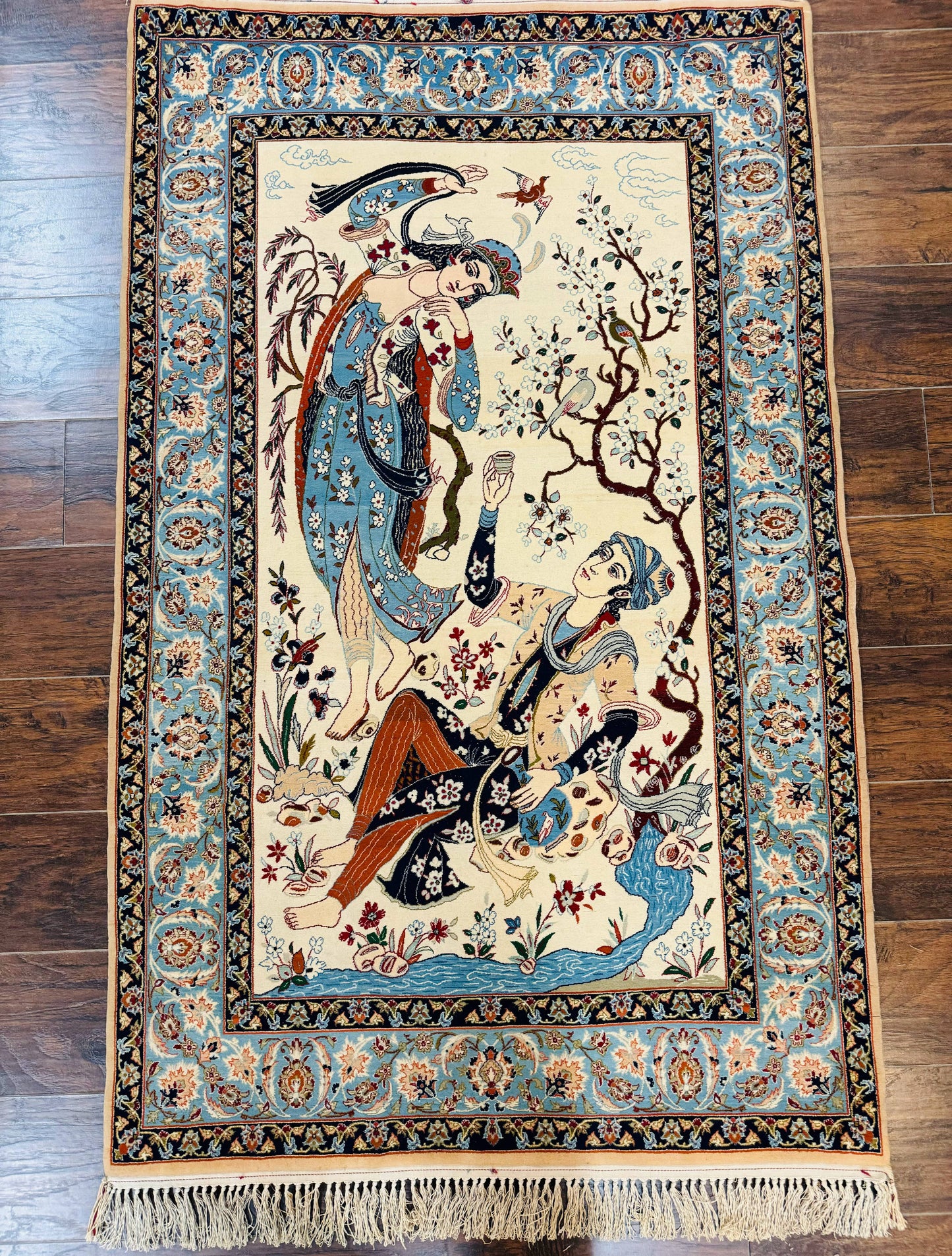 Persian Isfahan Pictorial Rug, Two Lovers, Kork Wool on Silk Foundation, Ivory and Light Blue, 500 KPSI Super Fine - Nuvé