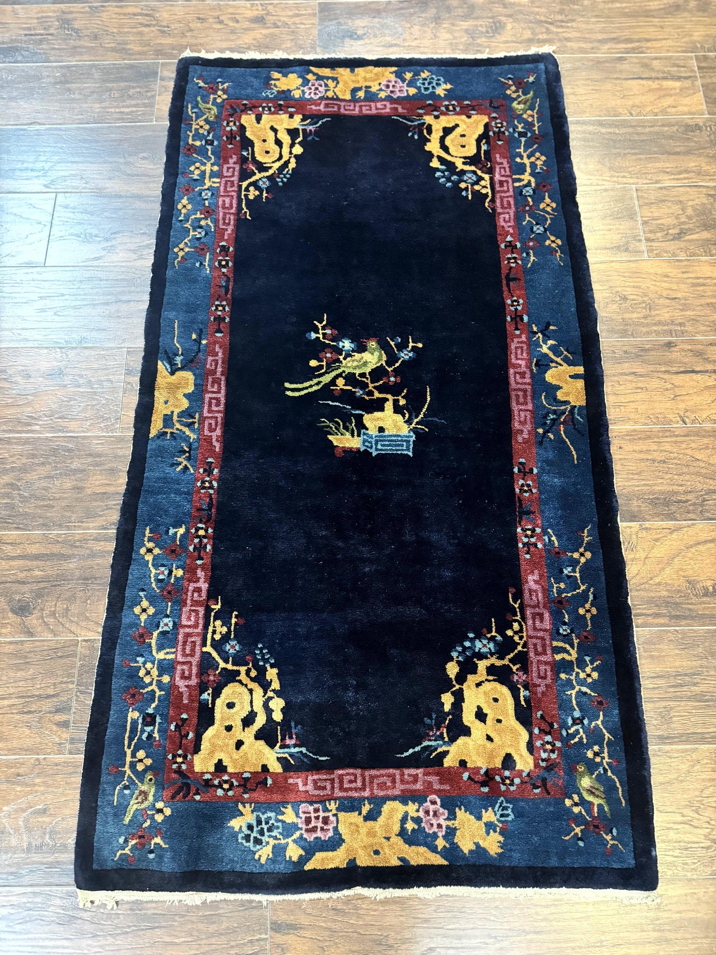 Antique Chinese Peking Rug 3x6, Dark Blue, Bird Motif, Handmade Wool Art Deco Asian Oriental Carpet, Pair A - Nuvé