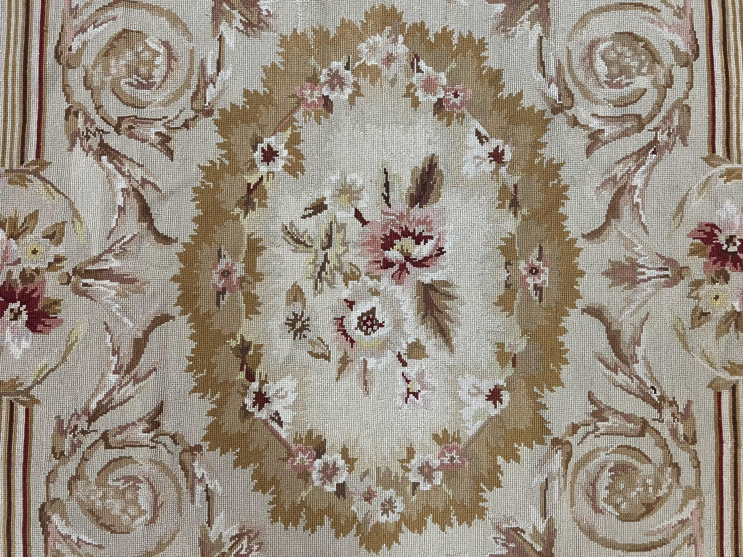 Aubusson Needlepoint Rug 4x5 ft, Beige and Tan, Aubusson Savonnerie Vintage Carpet, Handwoven Handmade Wool Rug, European Design Floral Rose - Nuvé