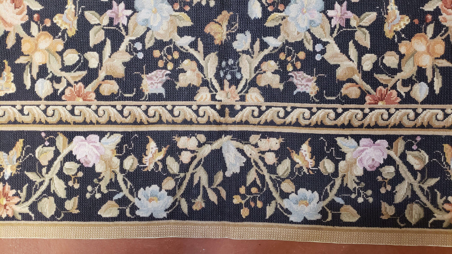 6x9 Vintage Needlepoint Rug Petitepoint Carpet Butterflies Floral Design Dark Brown & Tan 6 x 9 Handmade Flatweave Area Rug - Nuvé