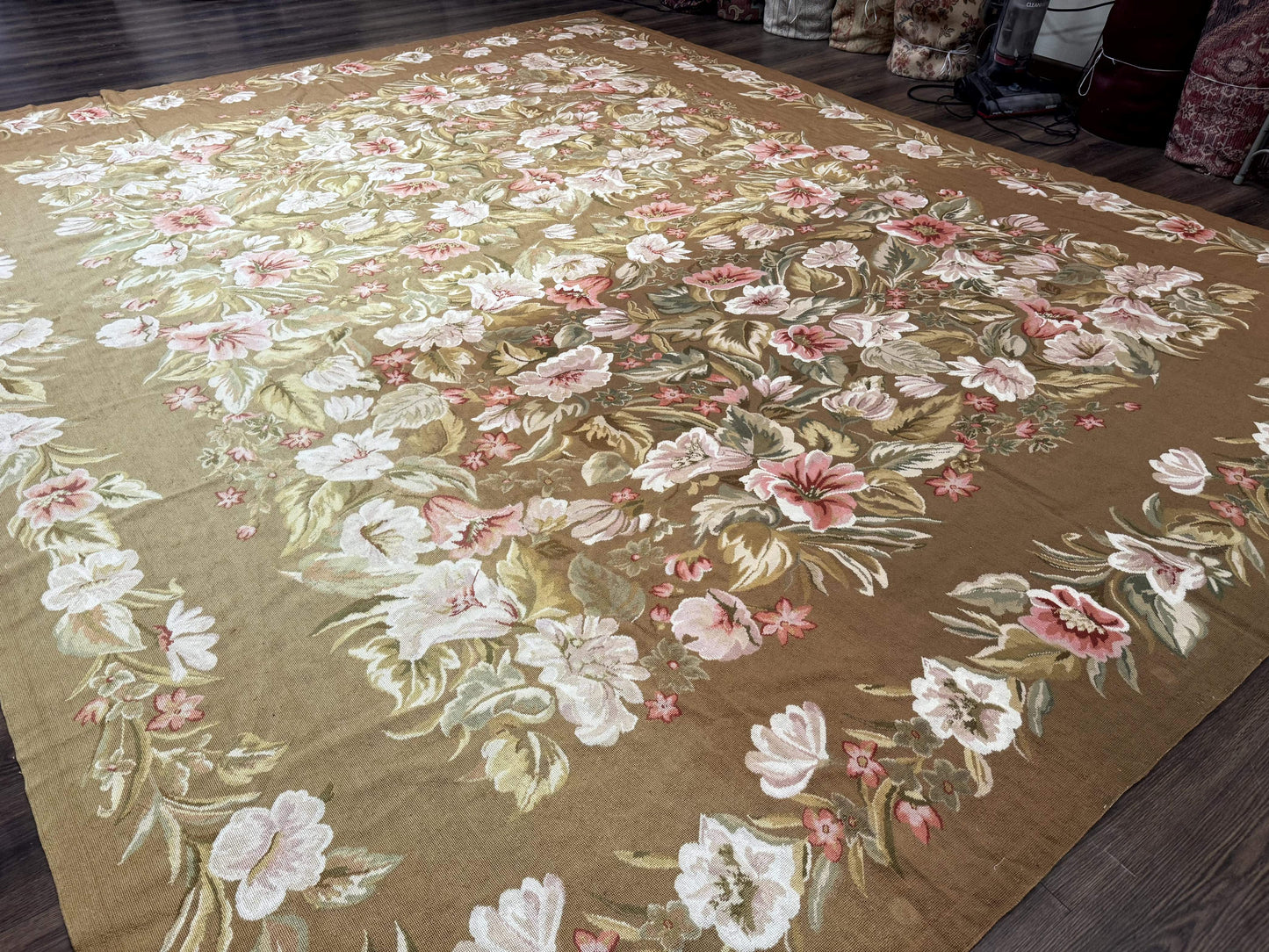 Large Needlepoint Rug 11x14, Vintage Floral Wool Carpet, Caramel - Nuvé