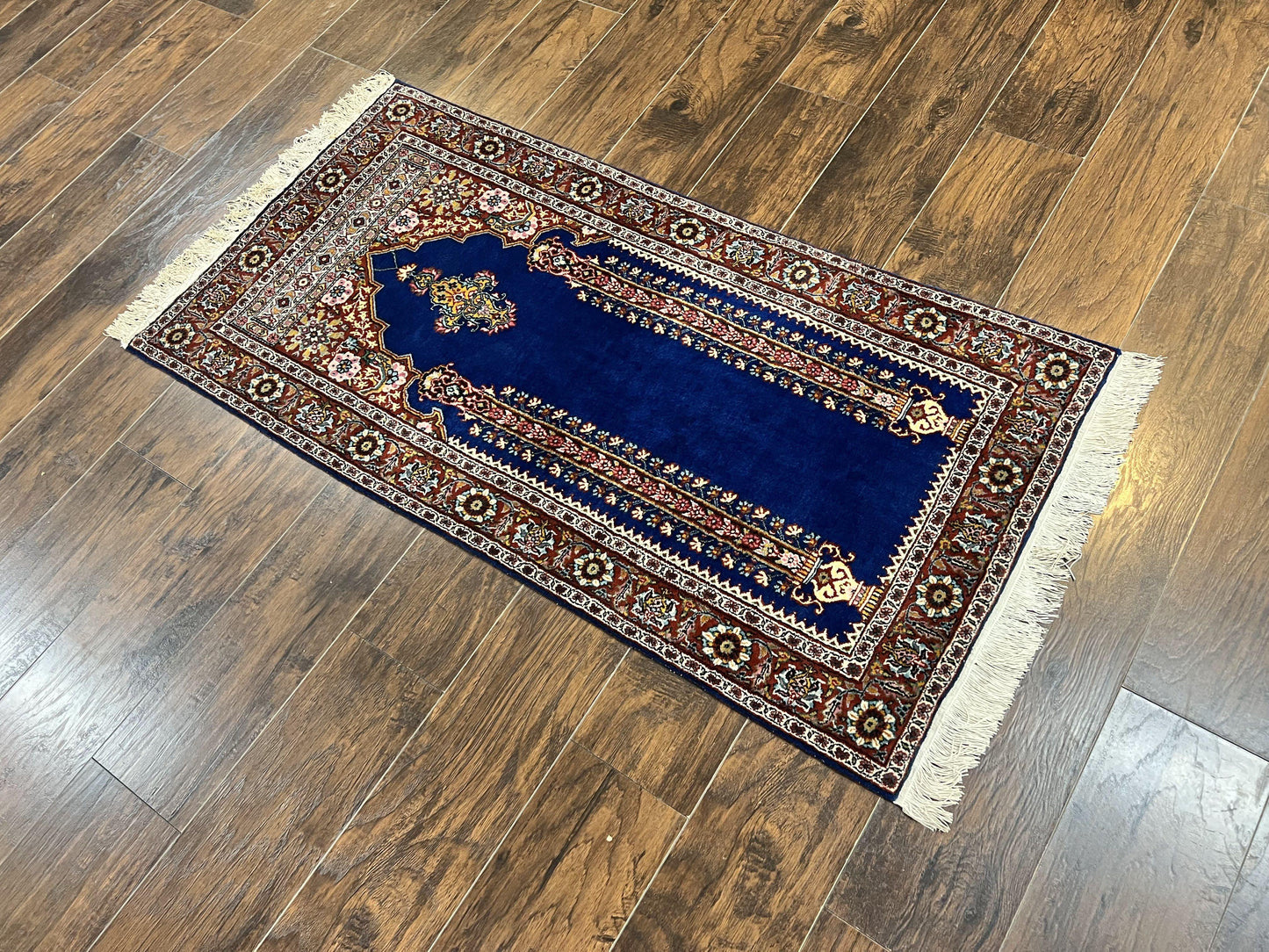 Indo Persian Prayer Rug 3x5, Fine Oriental Carpet, Dark Blue and Red, Vintage Hand Knotted Handmade Prayer Rug - Nuvé