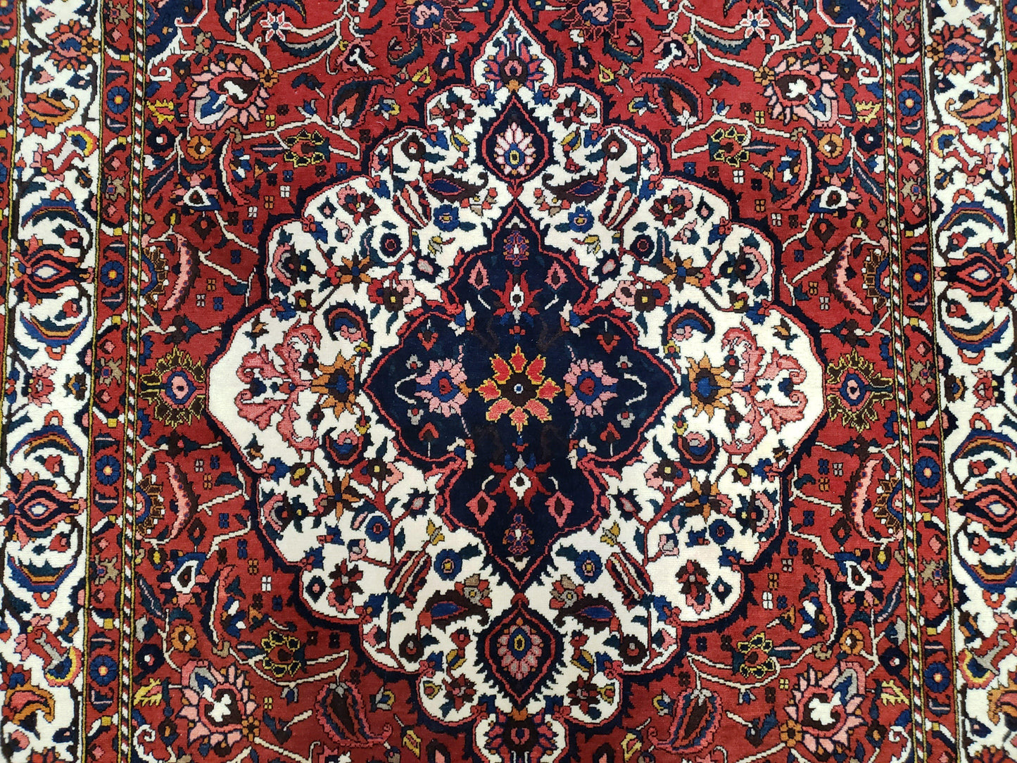 Semi Antique Persian Bakhtiari Rug, Hand-Knotted, Wool, Red, Midnight Blue, Ivory, Floral Medallion, 5'1" x 8' 6" - Nuvé
