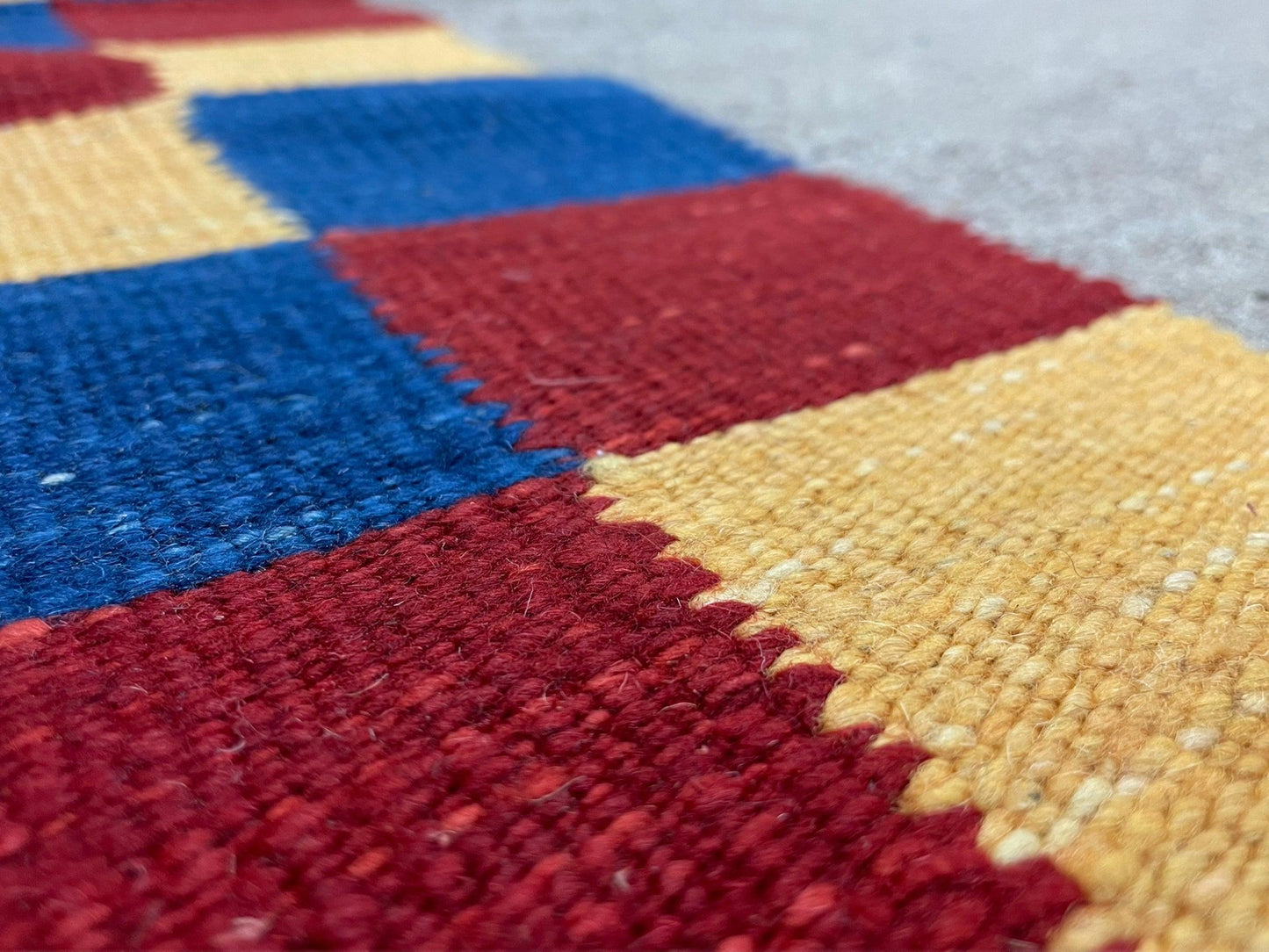 Gray Kilim Carpet, Yellow, Red, Blue Checkerboard Pattern, Flatweave, New, Geometric, Hand-Knotted, Wool, Turkish Area Rug, 5' 9" x 7' 9" - Nuvé