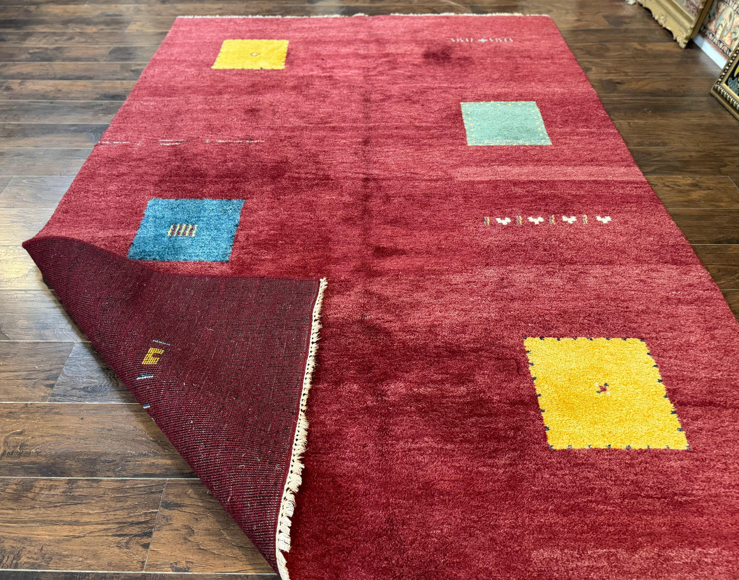 Modern Indo Persian Gabbeh Rug 7x10, Red, Tribal Area Rug - Nuvé