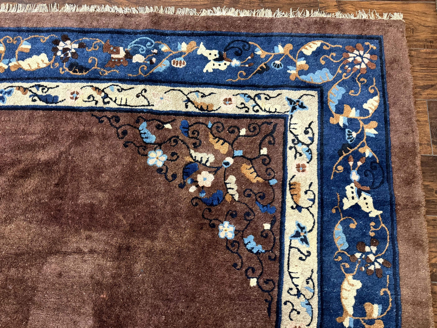 Antique Chinese Wool Rug 9x11, Large Chinese Art Deco Rug, Peking Rug, Brown and Blue, Open Field, Fete Rug - Nuvé
