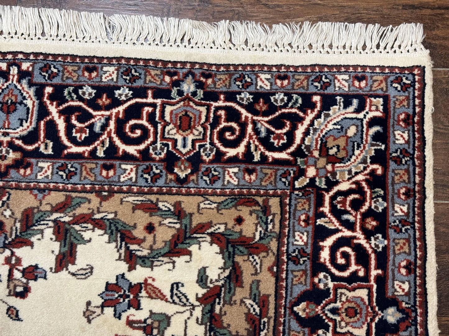 Indian Kashmiri Rug 4x6, Ivory Beige Navy Blue, Traditional Indo Persian Rug - Nuvé