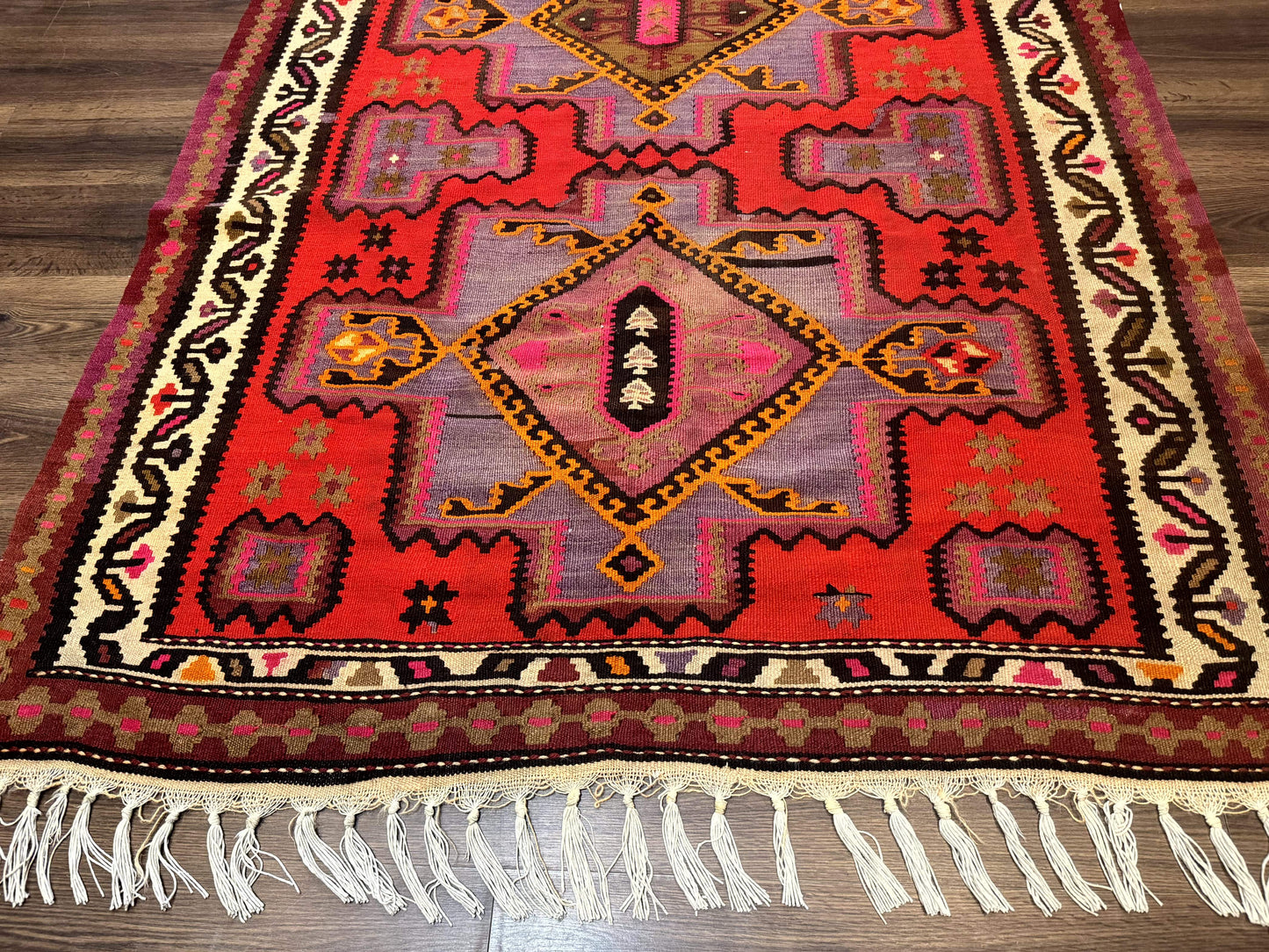 Persian Kurdish Zarand Kilim Rug 5x9, Red, Geometric Medallions, Wide Runner - Nuvé
