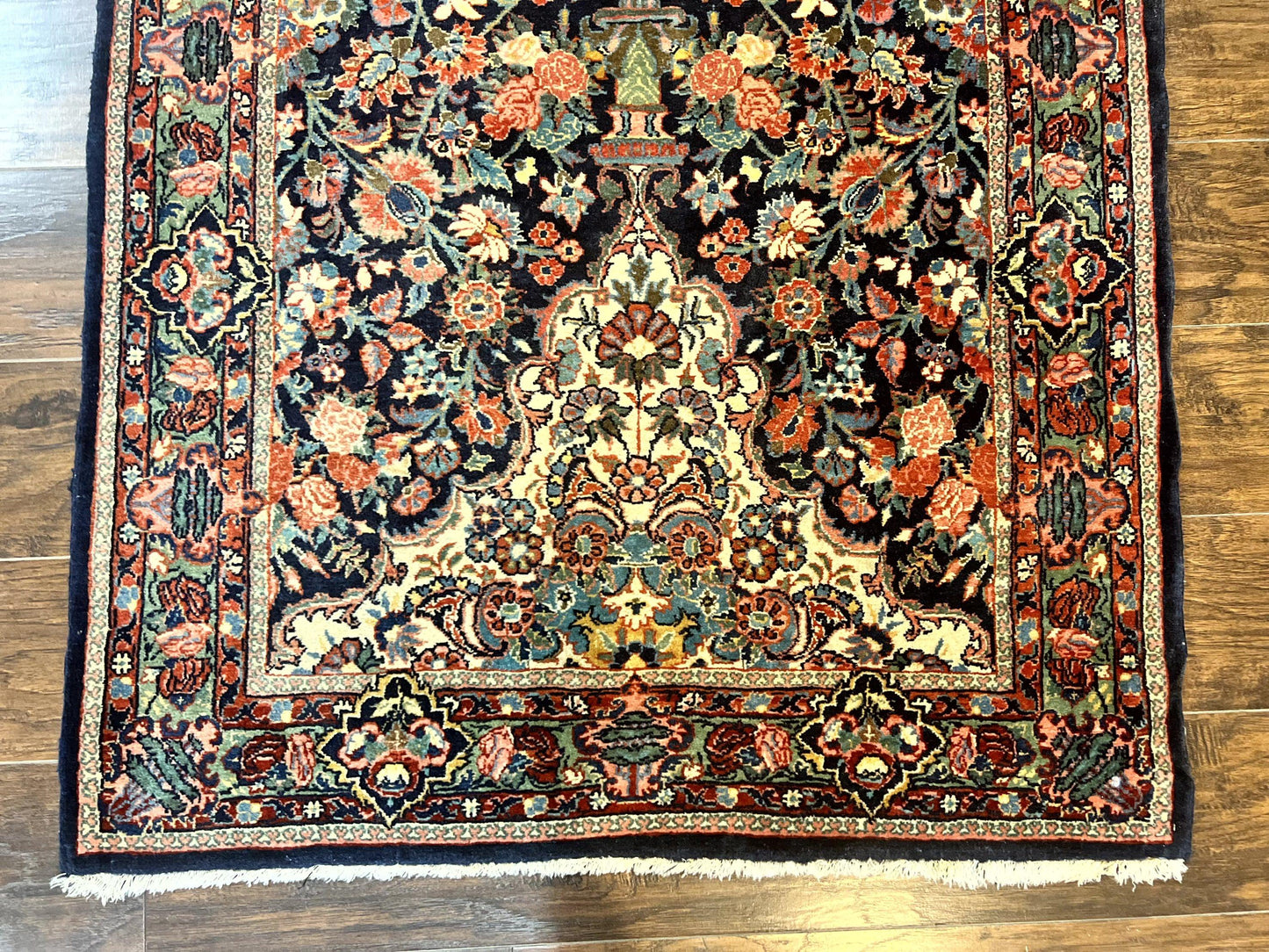 Persian Saoruk Rug 4x5, Navy Blue and Red, Floral, Antique Persian Wool Carpet, Handmade - Nuvé