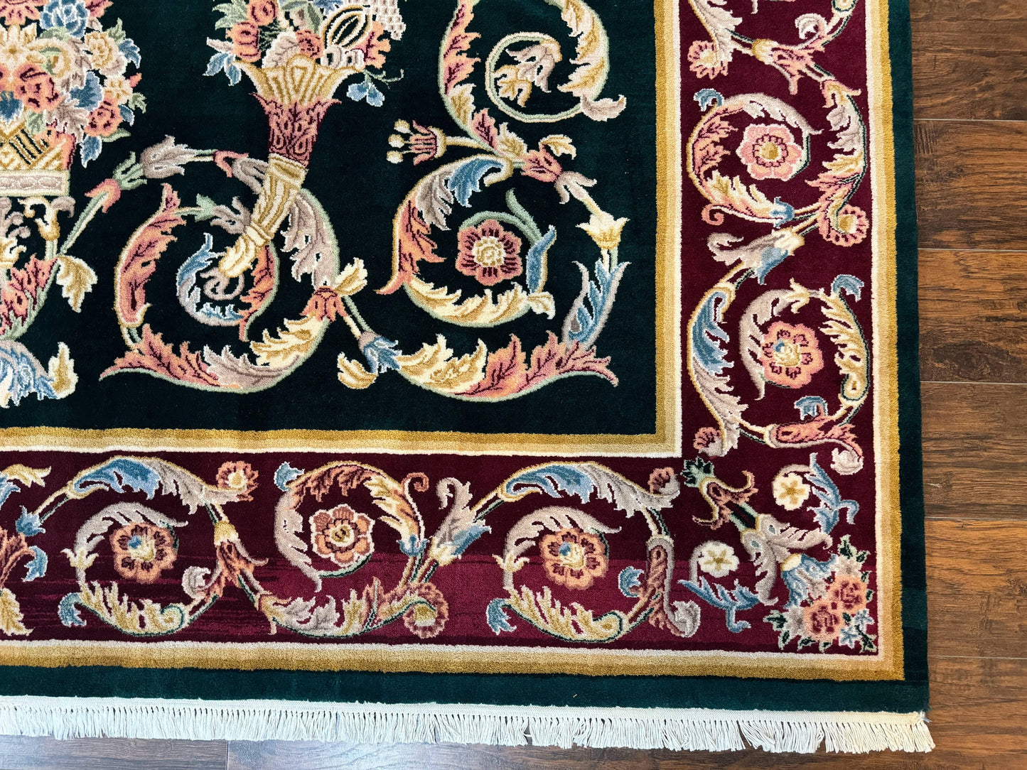 Aubusson Rug 9x12, Dark Green, European Design, Vintage Fine Handmade Carpet, Elegant - Nuvé