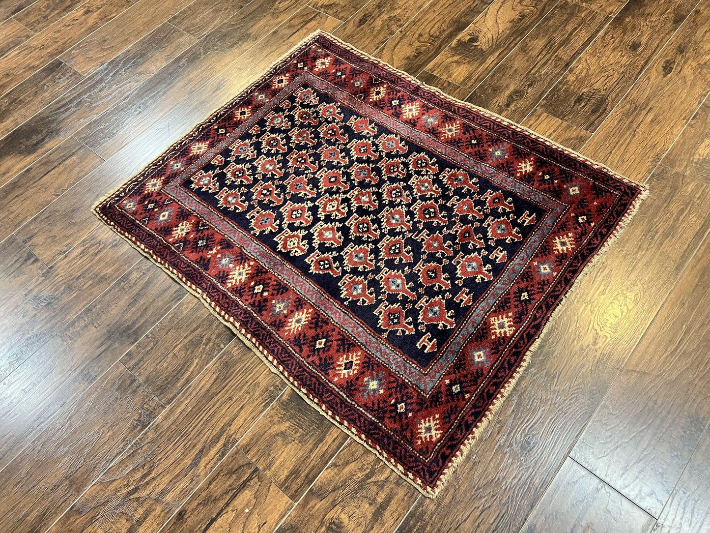 Turkish Sparta Rug 3x4, Allover Pattern, Navy Blue and Red, Antique Ispara Oriental Carpet 3 x 4, Small Turkish Handmade Vintage Wool Rug - Nuvé