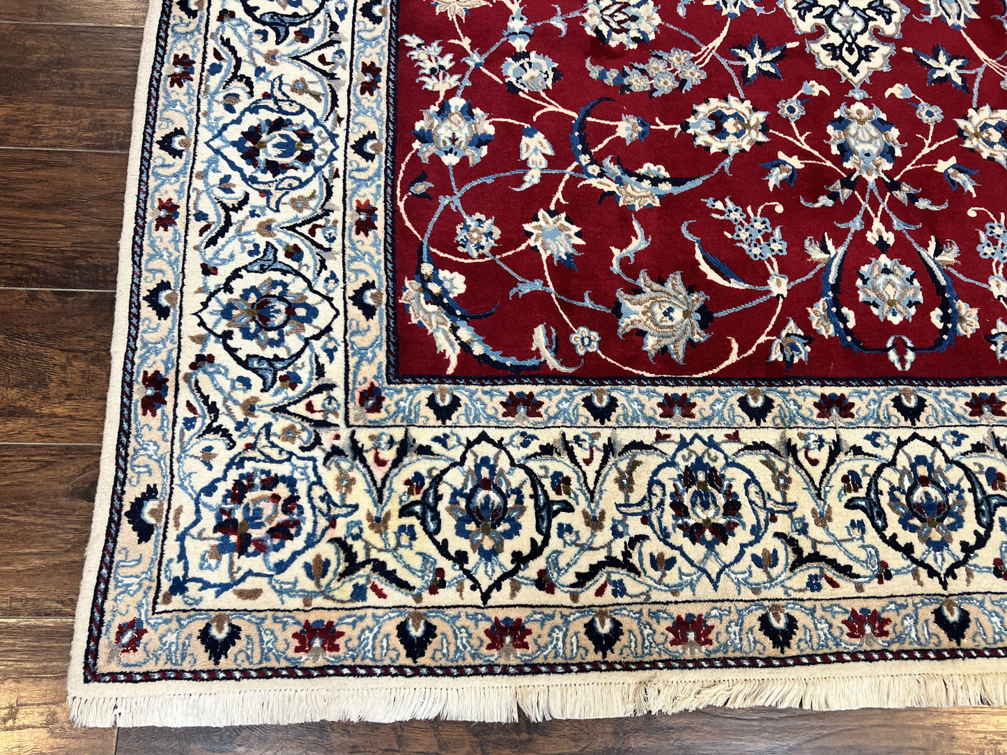 Persian Nain Rug 6x10, Wool and Silk Highlights, Red and Ivory, Floral Medallion, Vintage Handmade Hand Knotted, Fine 225 KPSI, Traditional Rug - Nuvé