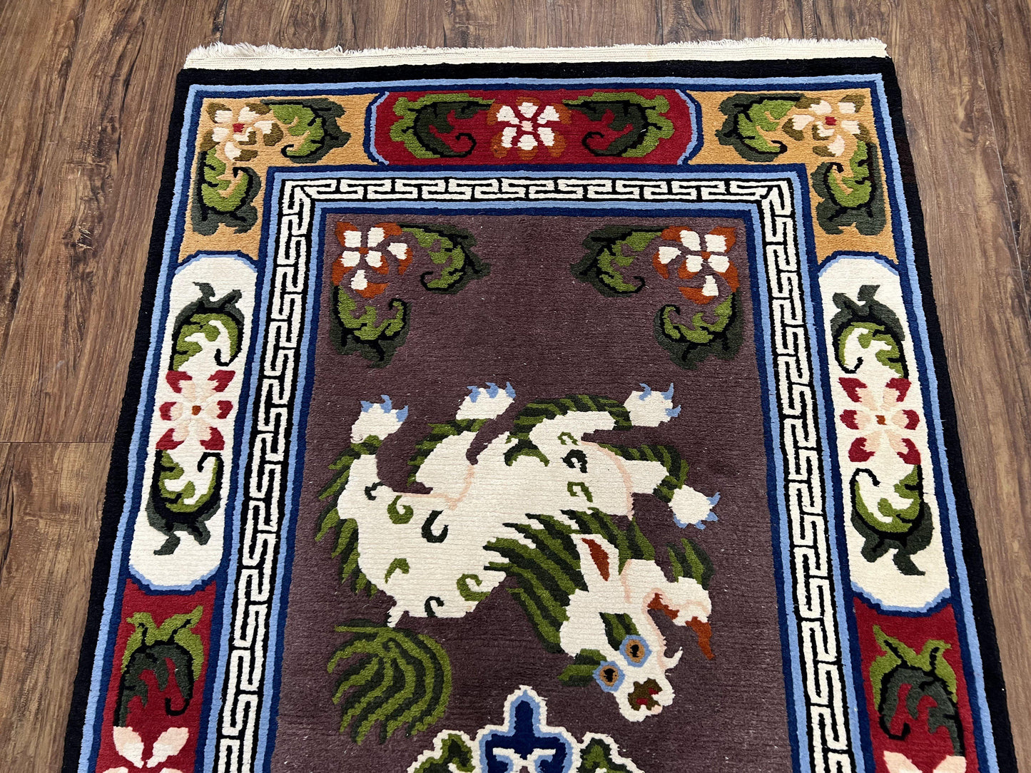 Chinese Art Deco Rug 3 x 5.5 with Animal Pictorials, Vintage Chinese Peking Wool Area Rug, Dark Puce Maroon Ivory, Hand Knotted Soft Carpet - Nuvé