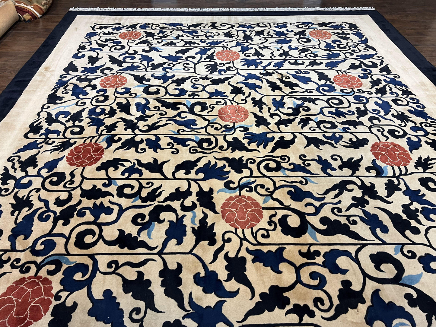 Antique Chinese Peking Rug 10x14, Beige Black, Handmade Wool Art Deco Carpet - Nuvé