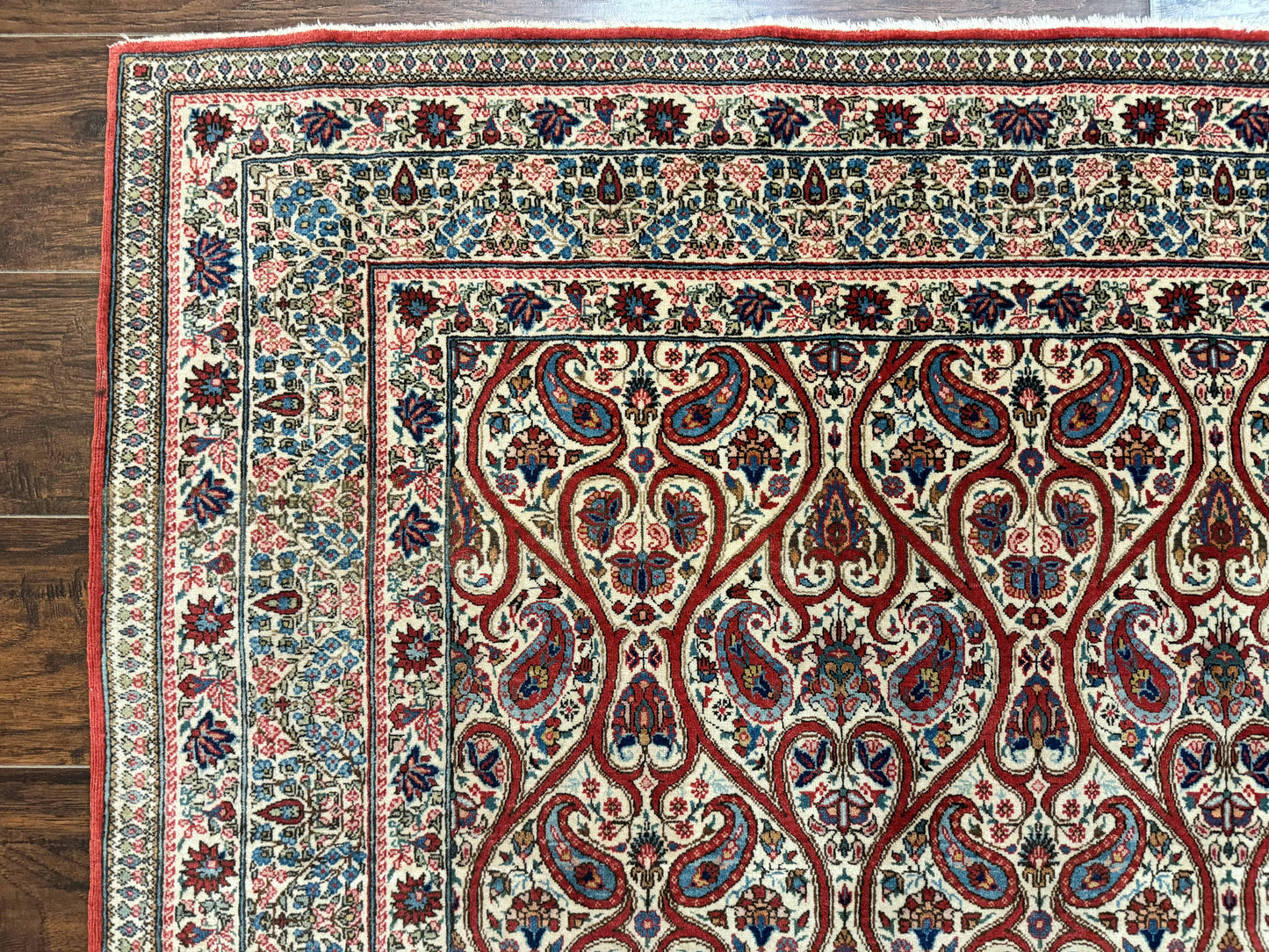 Unique Persian Qum Rug 5x7, Repeated Paisely Boteh Design, Ivory Red Blue, Handmade Antique Wool Persian Carpet, Finely Hand Knotted - Nuvé
