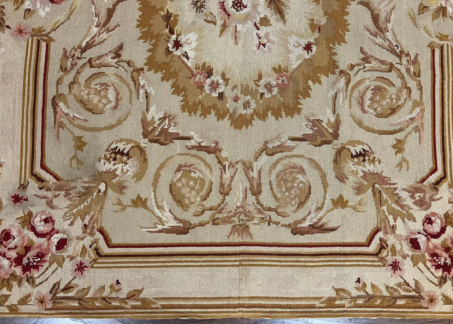Aubusson Needlepoint Rug 4x5 ft, Beige and Tan, Aubusson Savonnerie Vintage Carpet, Handwoven Handmade Wool Rug, European Design Floral Rose - Nuvé