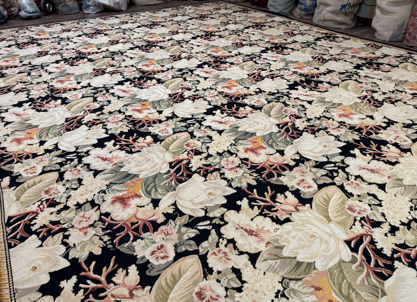 Palace Size Needlepoint Rug 13x17, Extra Large Wool Floral Handmade Carpet, European Design, Botanical - Nuvé