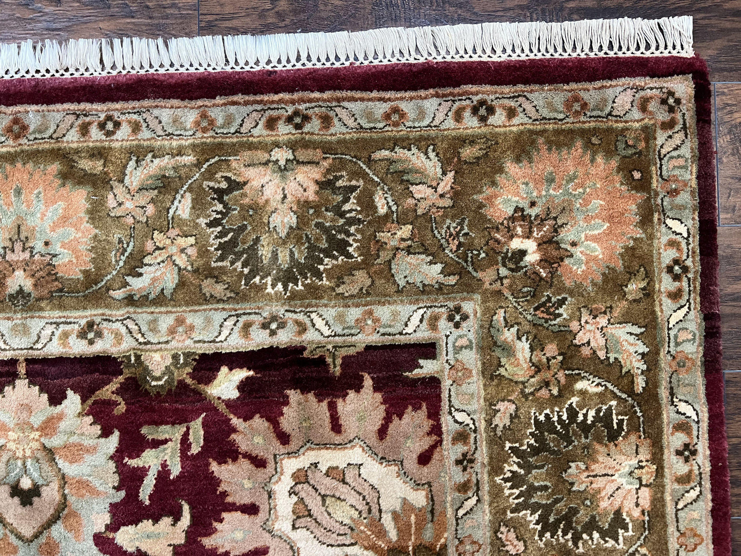 Indo Mahal Rug 6x9, Large Flowers Allover, Maroon and Green, Handmade Wool Area Rug, Vintage Rug, Indian Oriental Carpet, Hand Knotted Rug - Nuvé