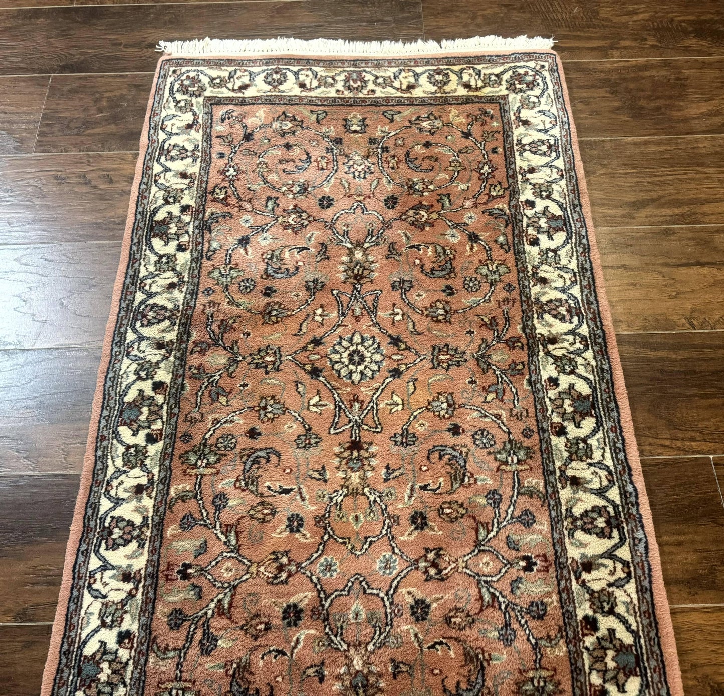 Indo Persian Runner Rug 2.6 x 10, Coral and Cream, Hand Knotted 10ft Wool Oriental Runner for Hallway or Kitchen - Nuvé