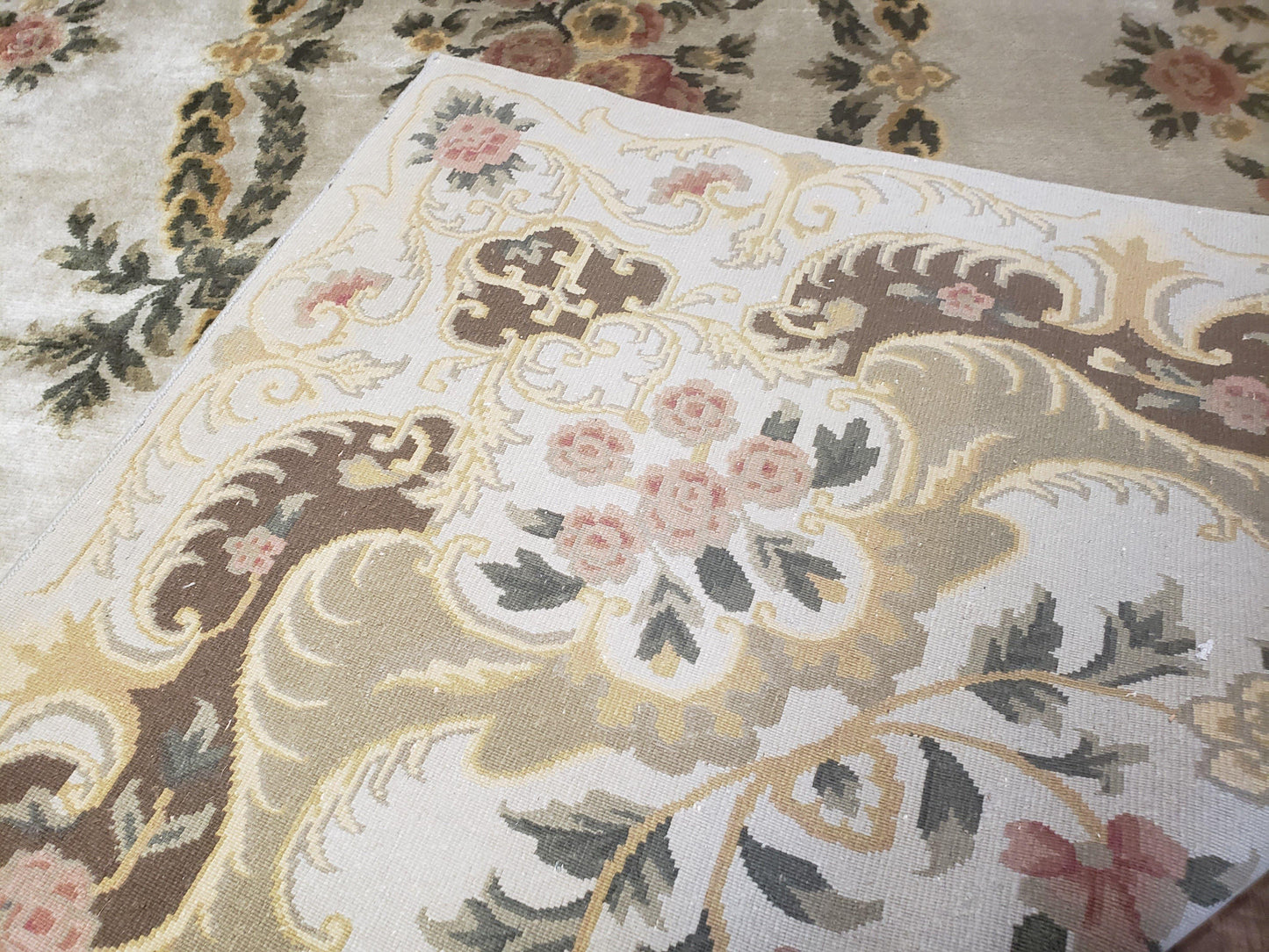 Aubusson Rug 10x14, Elegant French European Design, Vintage Handmade Carpet with Pile, Beige Floral Dining Room Rug, Living Room, Soft Wool - Nuvé