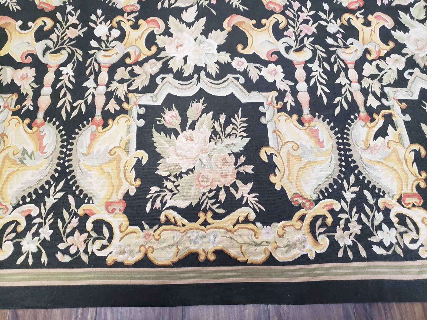 Vintage Black Aubusson Area Rug 8x10, Large Flowers Chinese Aubusson Carpet 7.9 x 10, Wool Hand-Knotted Floral Pattern Flat Weave Rug Nice - Nuvé