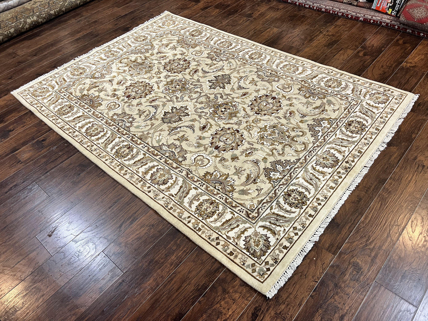 Indo Mahal Rug 6x9, Indian Carpet 6 x 9 ft, Light Green and Ivory, Floral Allover, Wool Oriental Carpet, Traditional Rug, Handmade - Nuvé