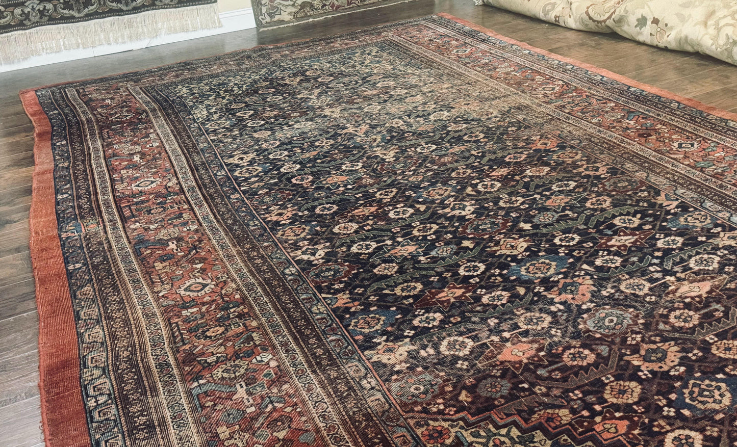 Antique Persian Bidjar Rug 8x15 – Navy Blue, Herati Pattern, Early 20th Century - Nuvé