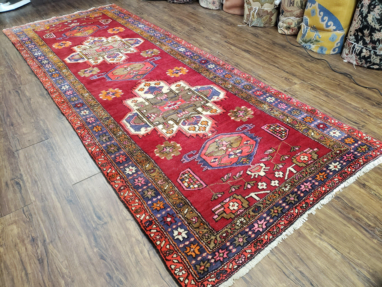 Antique Persian Karajeh Runner Rug 4.4 x 11 ft, Red Colorful Geometric Medallion Runner - Nuvé