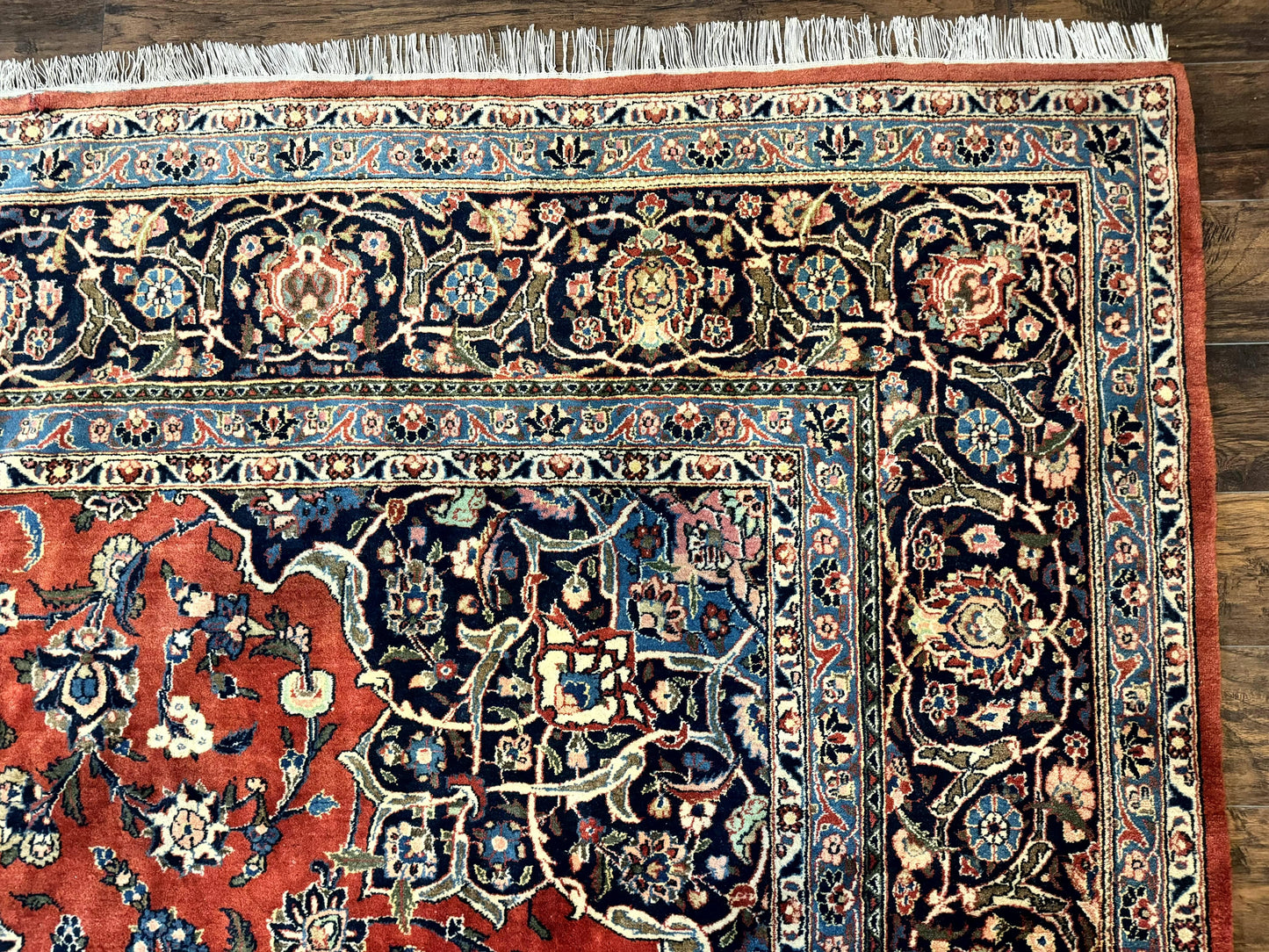Red Persian Kashan Rug 10x14, Hand-Knotted Semi Antique Floral Medallion Handmade Wool Carpet, Red & Navy Blue - Nuvé