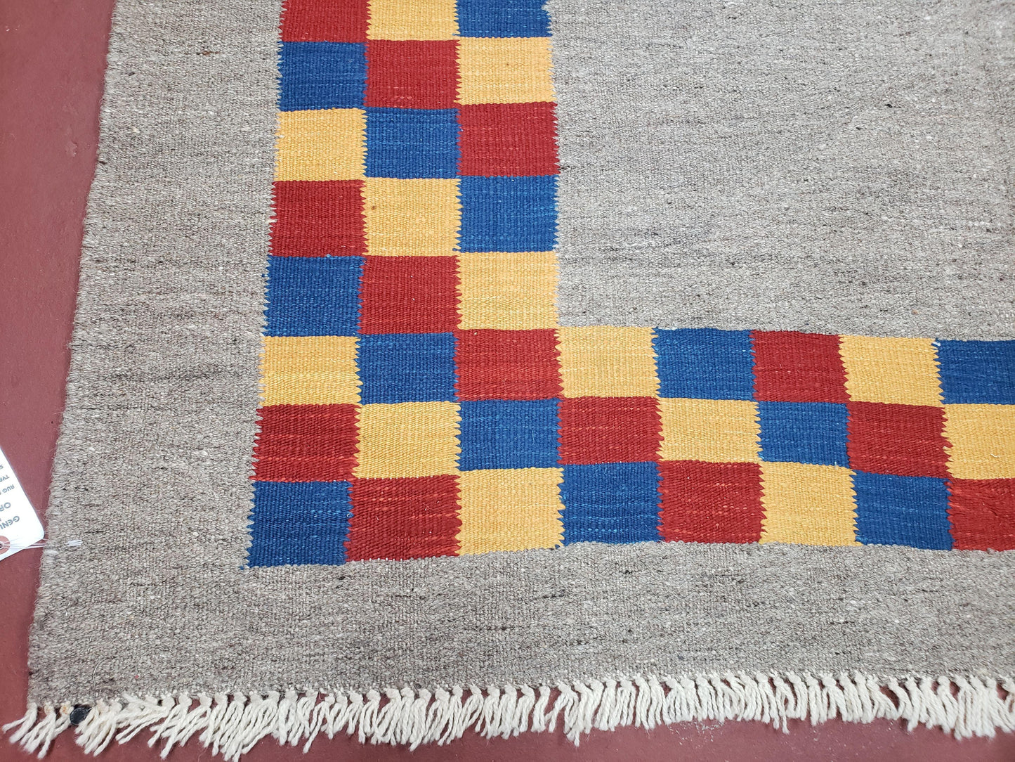 New Turkish Kilim Area Rug, Gray Carpet With Colorful Checker Border, 5'6" x 8", Flatweave Carpet, Playroom Rug, Kids Room Rug, Hand-Knotted - Nuvé