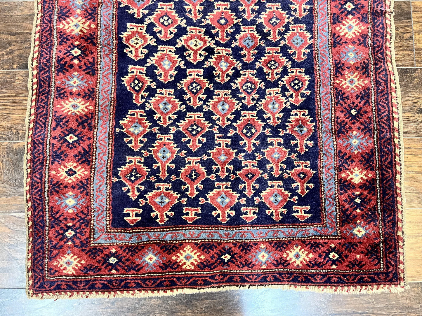 Turkish Sparta Rug 3x4, Allover Pattern, Navy Blue and Red, Antique Ispara Oriental Carpet 3 x 4, Small Turkish Handmade Vintage Wool Rug - Nuvé