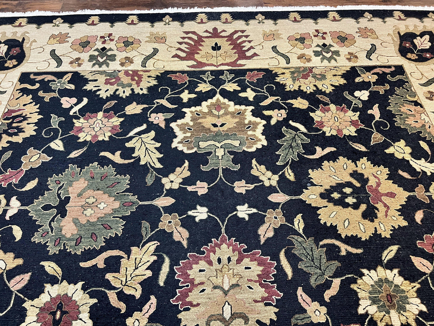 Indo Persian Rug 10x14, Wool Handmade Room Sized Floral Oriental Carpet, Indian Mahal Flatweave Rug, Black Beige - Nuvé