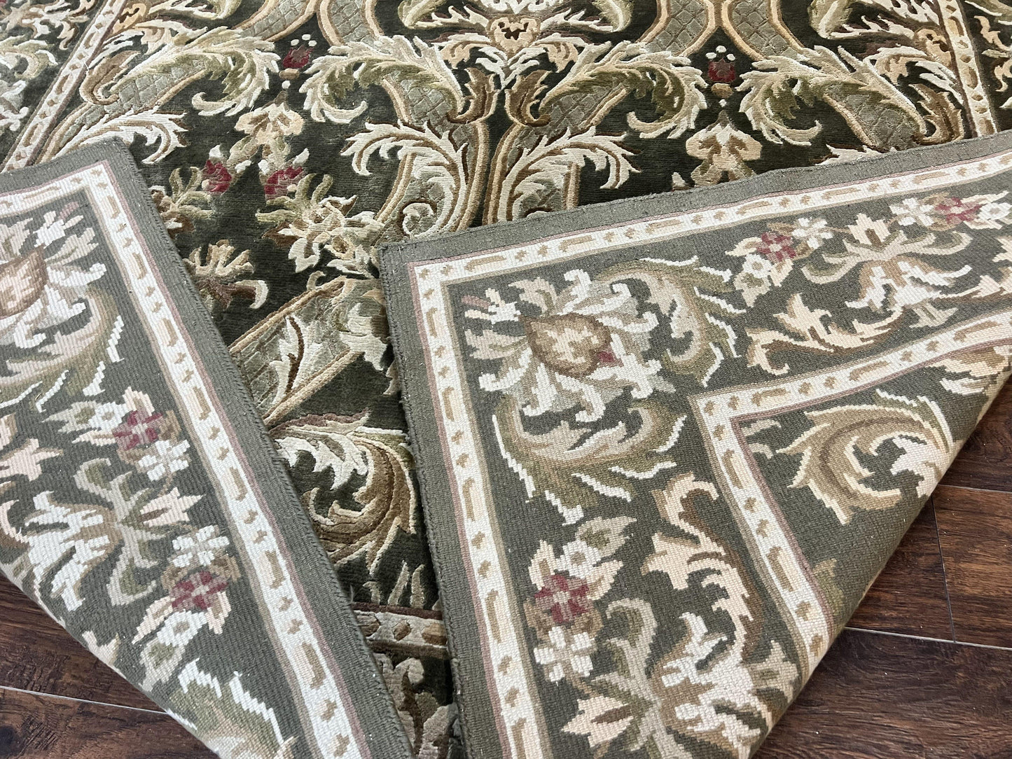 Tibetan Rug 8x10, European Design, Floral, Green, Handmade, Wool, Nepali Rug - Nuvé
