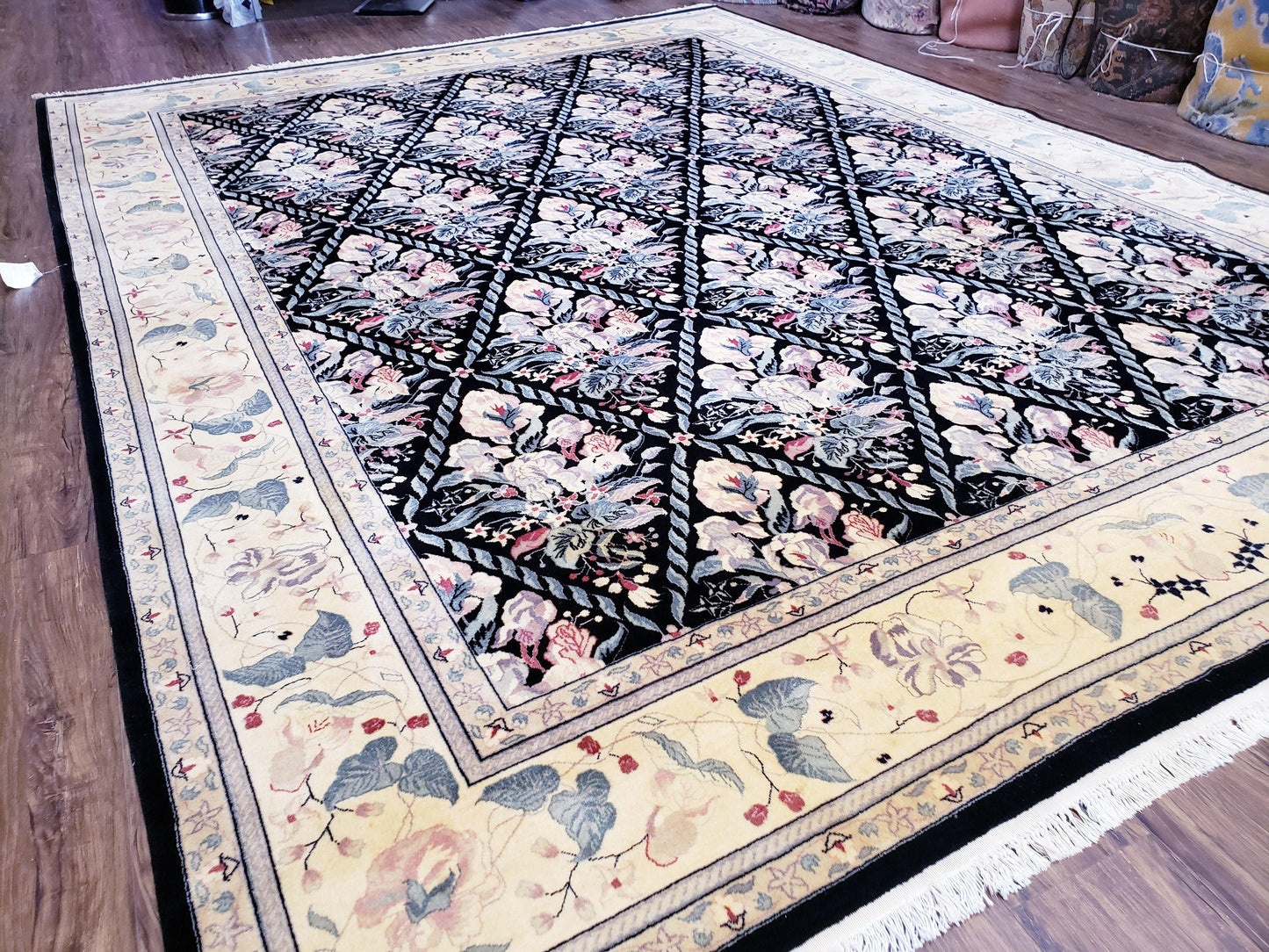 Black Kirman Rug, 8x11 - 9x12 Rug, Sino-Persian Rug, Floral Oriental Carpet, Handmade Rug, Black and Ivory Rug, Room Sized Area Rug, Wool - Nuvé